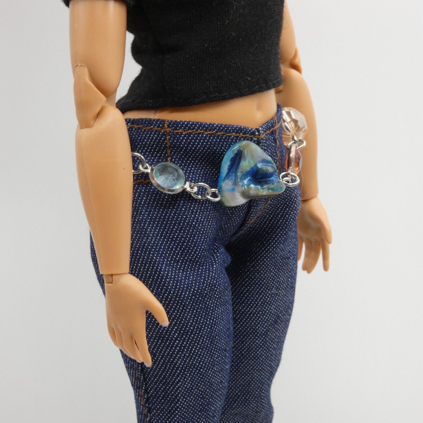 Barbie Curvy Doll Size Silver Chain Belt Beads Earth Tones Blue Shell Handmade