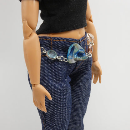 Barbie Curvy Doll Size Silver Chain Belt Beads Earth Tones Blue Shell Handmade