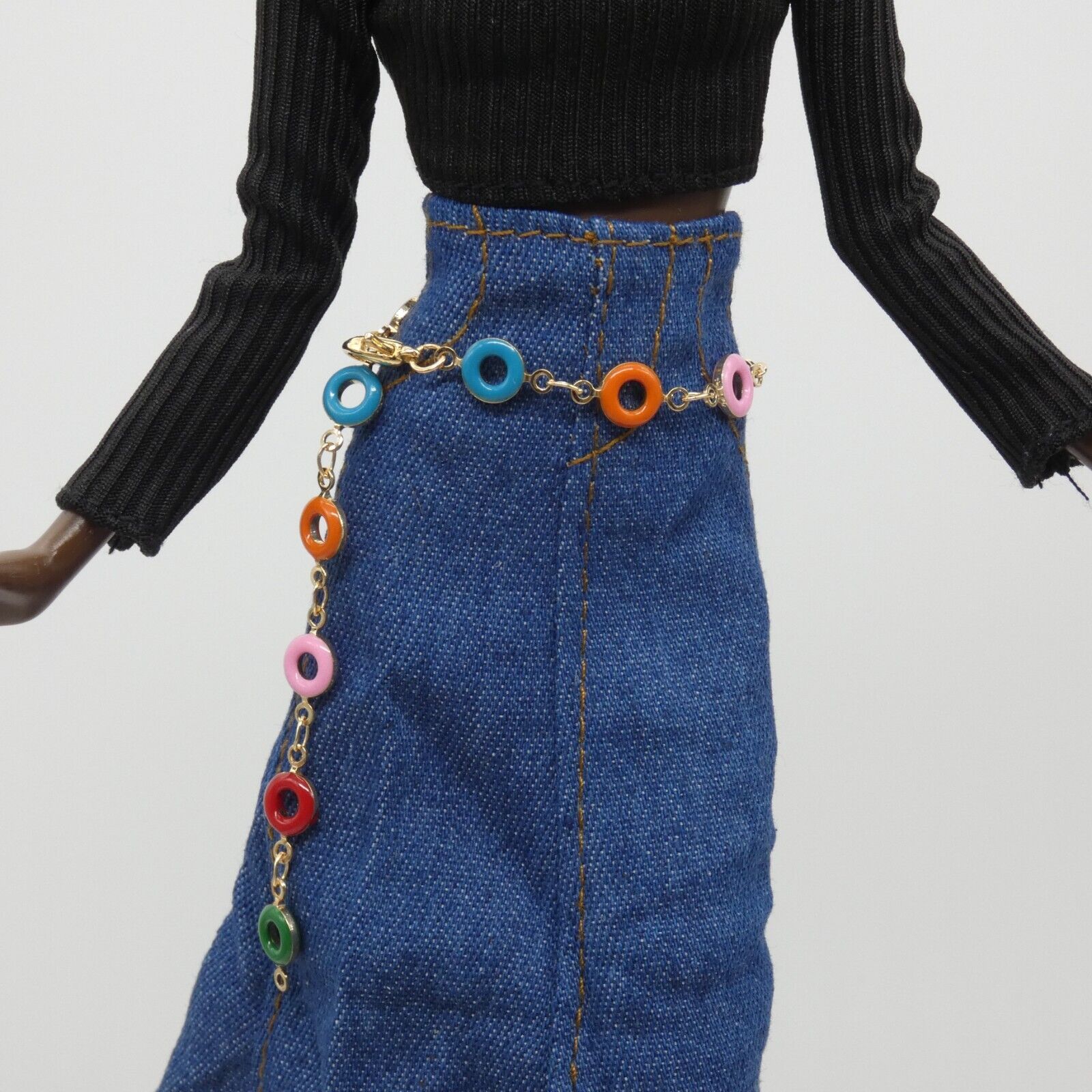 Barbie Doll Size Belt Multi Color Beaded Silver Chain Handmade Adjustable