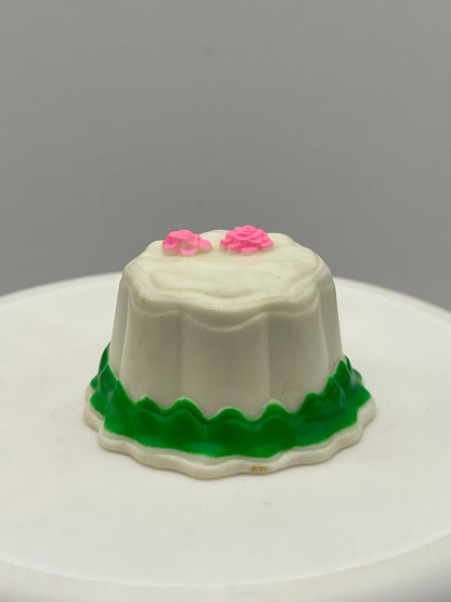 Barbie Doll Size Cake White Icing Green Trim Pink Roses Mini Diorama Decoration