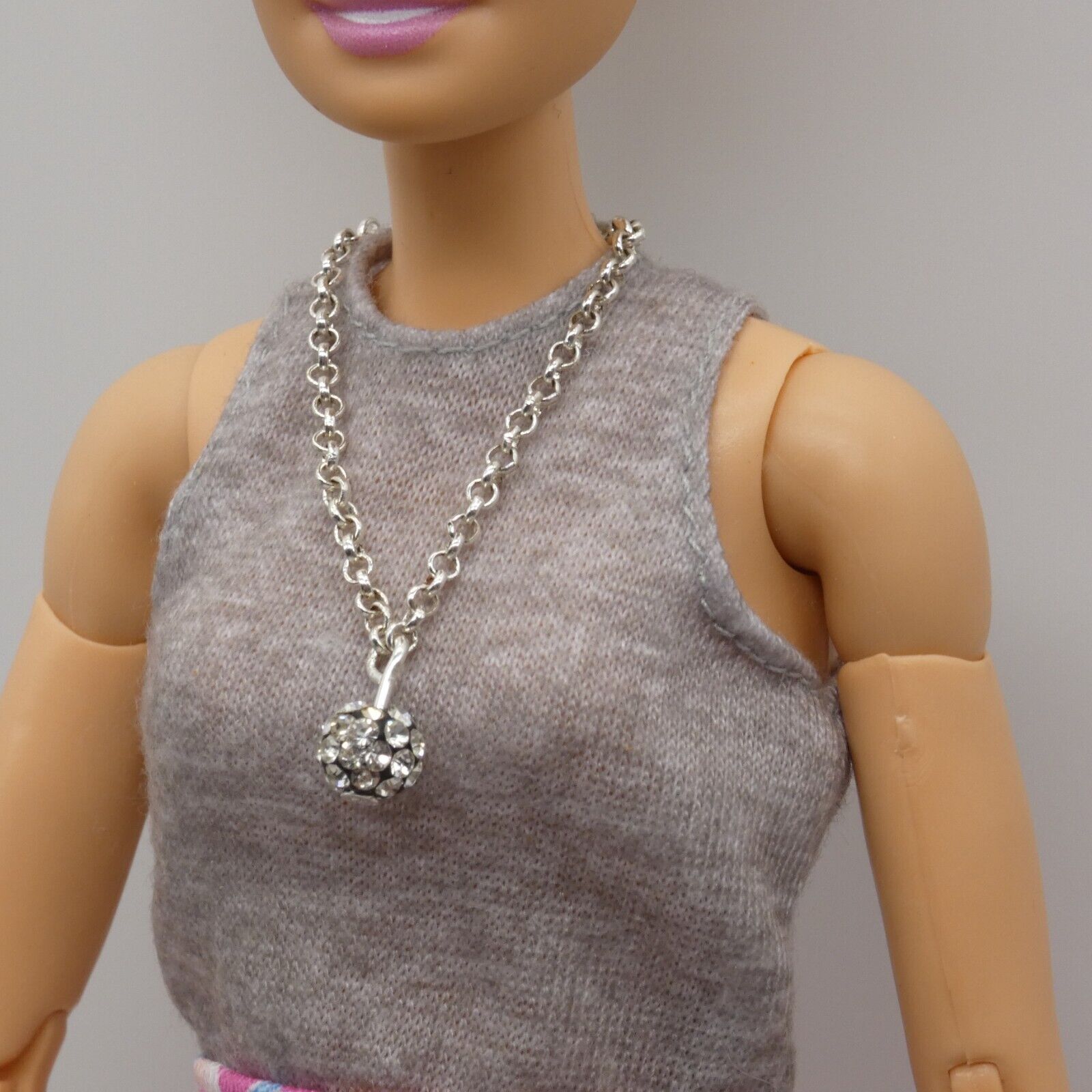 Barbie Doll Size Necklace Rhinestone Globe Pendant Silver Chain Handmade