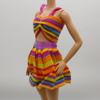 Barbie Doll Size Two Piece Bikini Swimsuit Top Skirt Rainbow Striped Clone