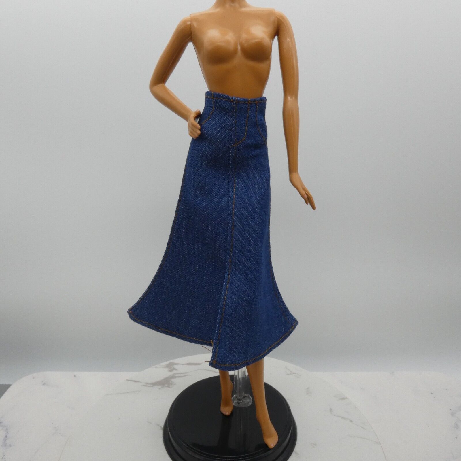 Barbie Doll Size Long Skirt Blue Denim Maxi A Line Ankle Slit Fits Model Muse