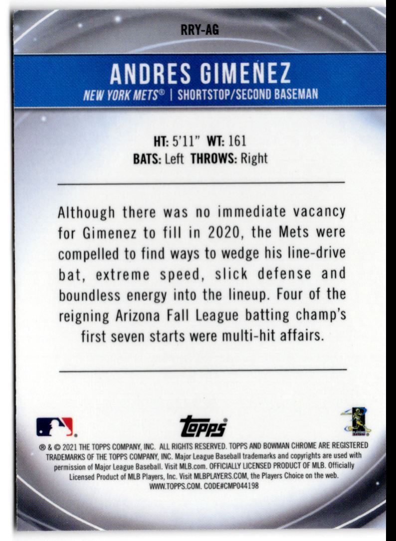 2021 Bowman Rookie of the Year Favorites Andres Gimenez New York Mets #RRY-AG