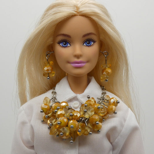 Barbie Doll Size Necklace And Earrings Yellow Dangle Beads Stone Silver Chain