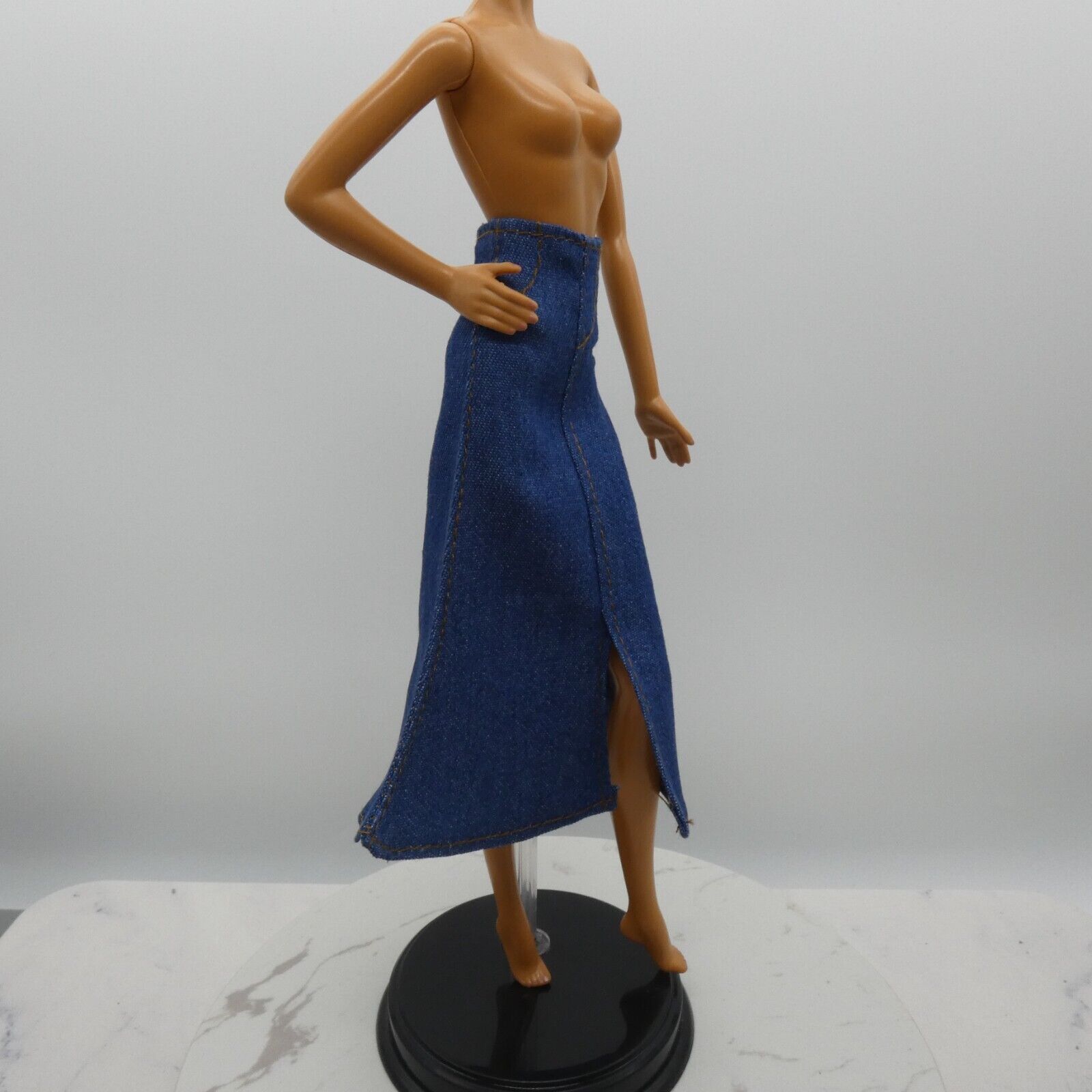 Barbie Doll Size Long Skirt Blue Denim Maxi A Line Ankle Slit Fits Model Muse