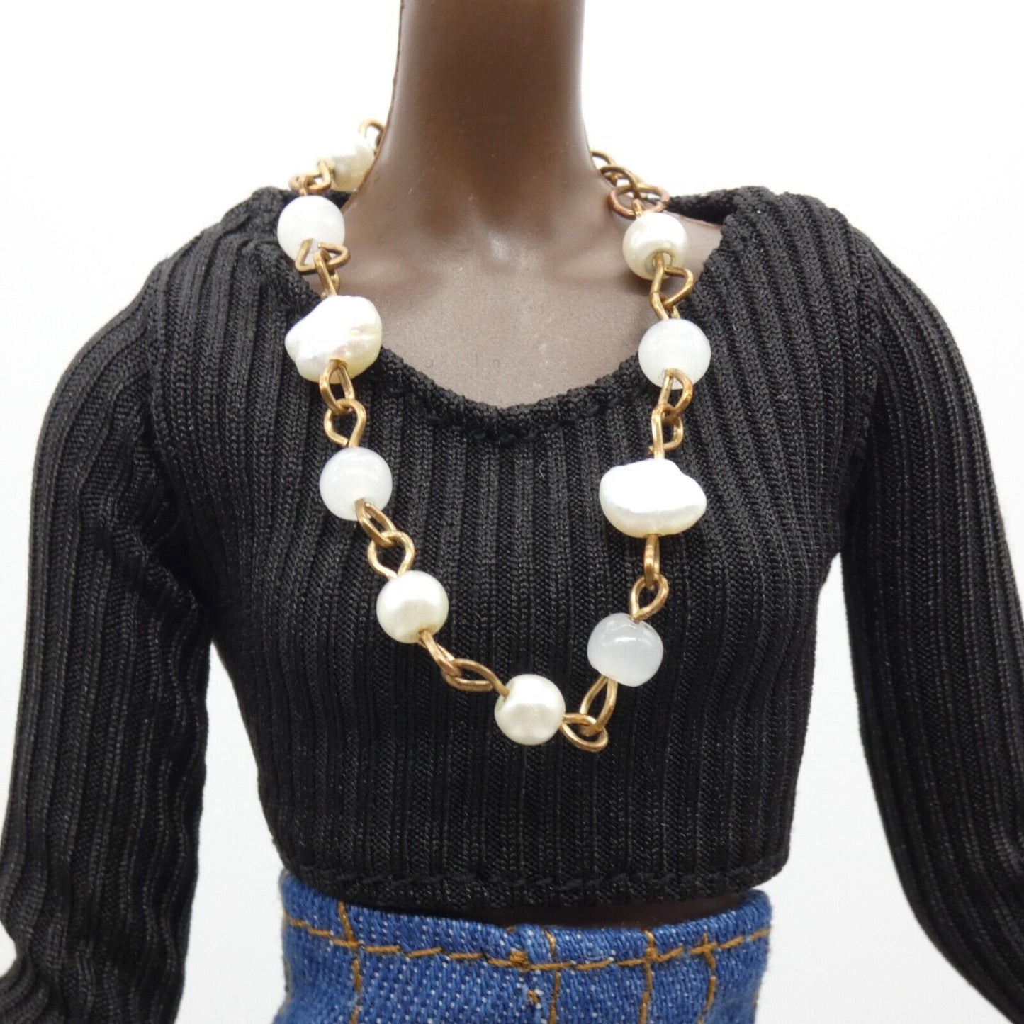 Barbie Doll Size Necklace Freshwater Pearl Gold Chain fits 11.5 Inch Handmade