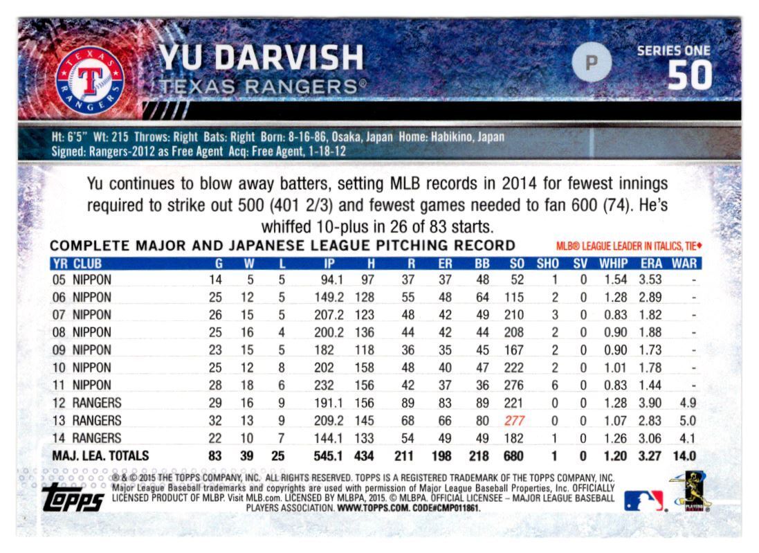 2015 Topps Yu Darvish Texas Rangers #50