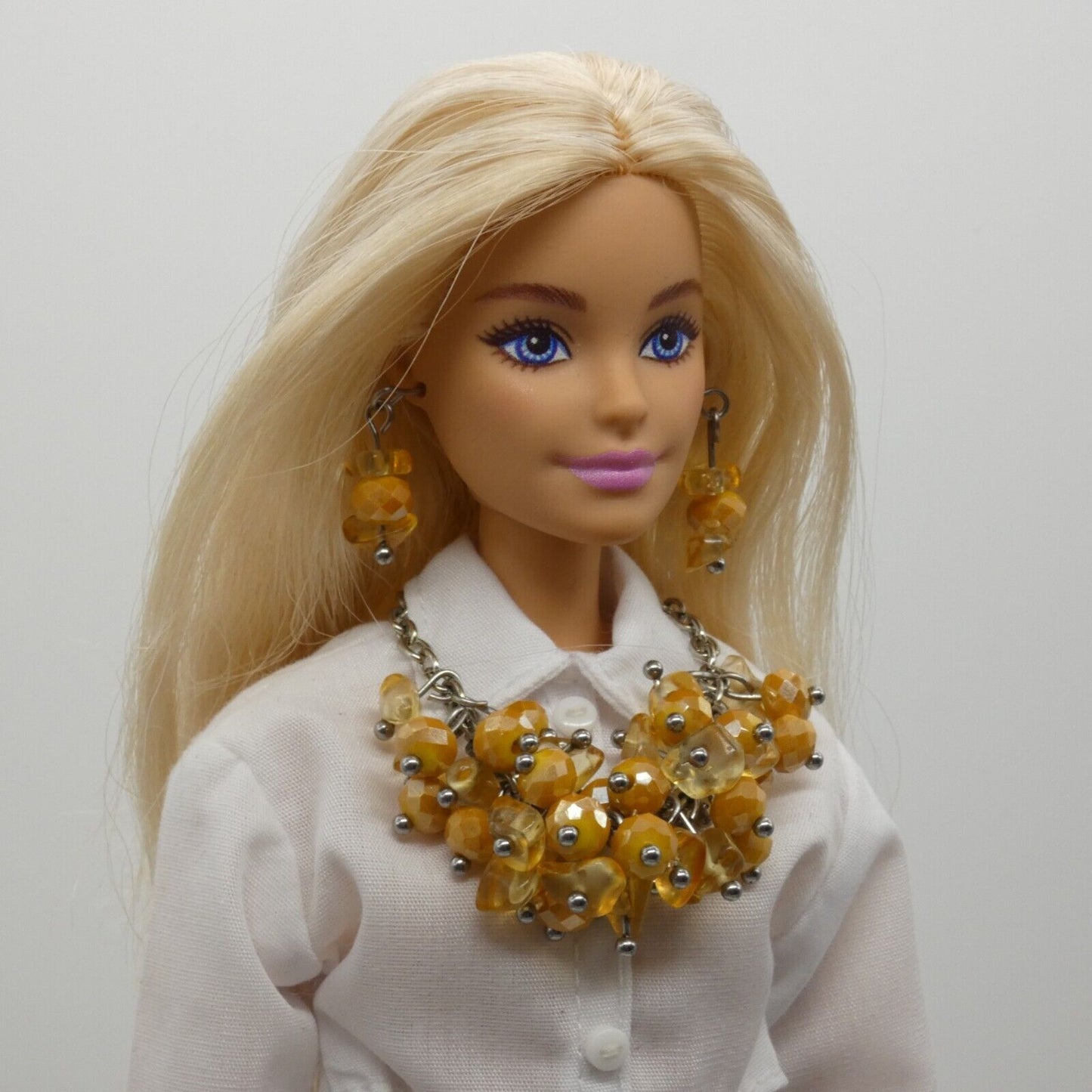 Barbie Doll Size Necklace And Earrings Yellow Dangle Beads Stone Silver Chain