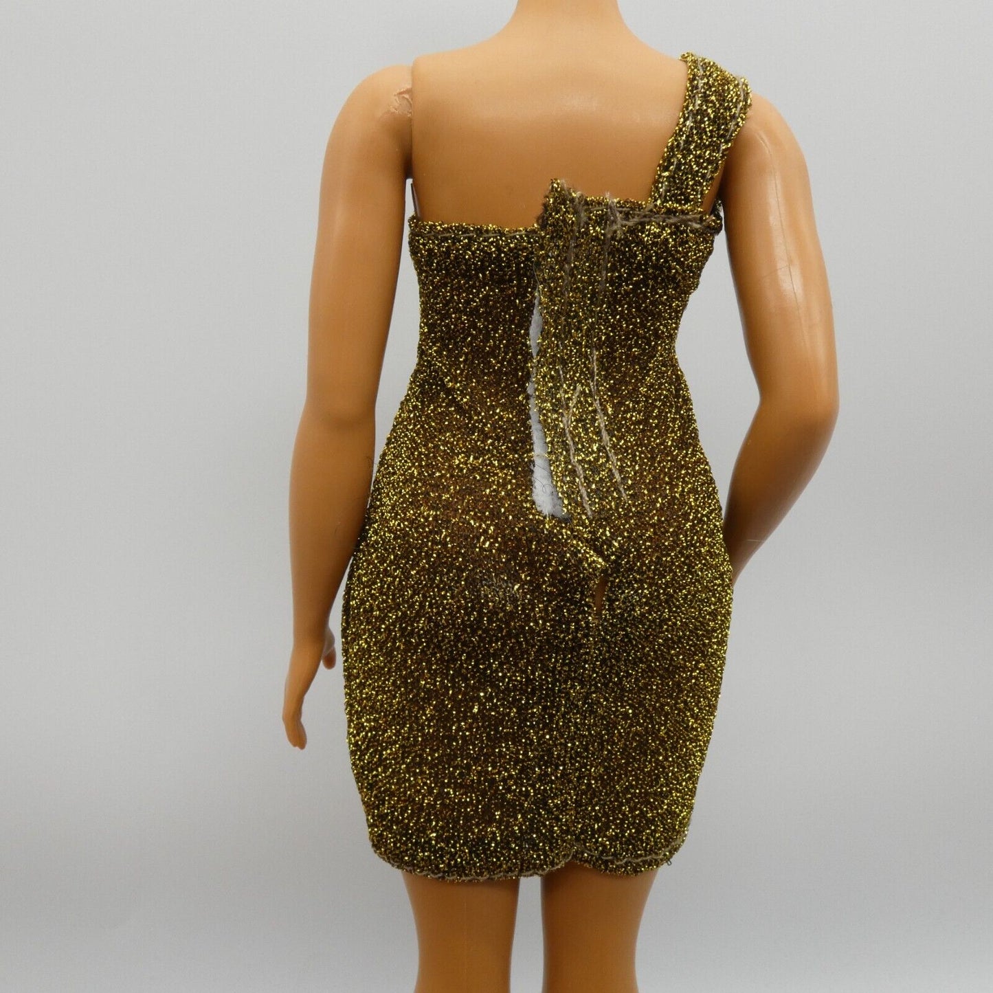 Barbie Curvy Doll Size Dress Gold Sheer Sparkle One Shoulder Form Fitting