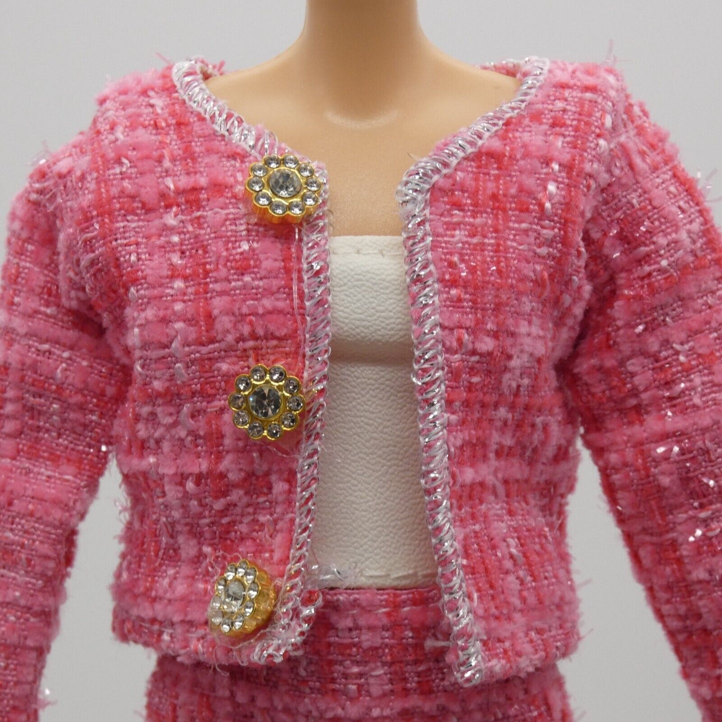 Barbie Doll Size Pink Tweed Suit Jacket Skirt Tube Top Fits Model Muse Xian Xian