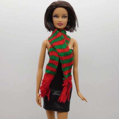 Scarf For Integrity Toys Barbie Size Doll Red Green Stripe Fringe Knitted FR