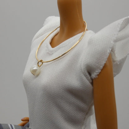 Barbie Doll Size Necklace Choker Gold Tone Band White Faux Pearl Pendant Fashion