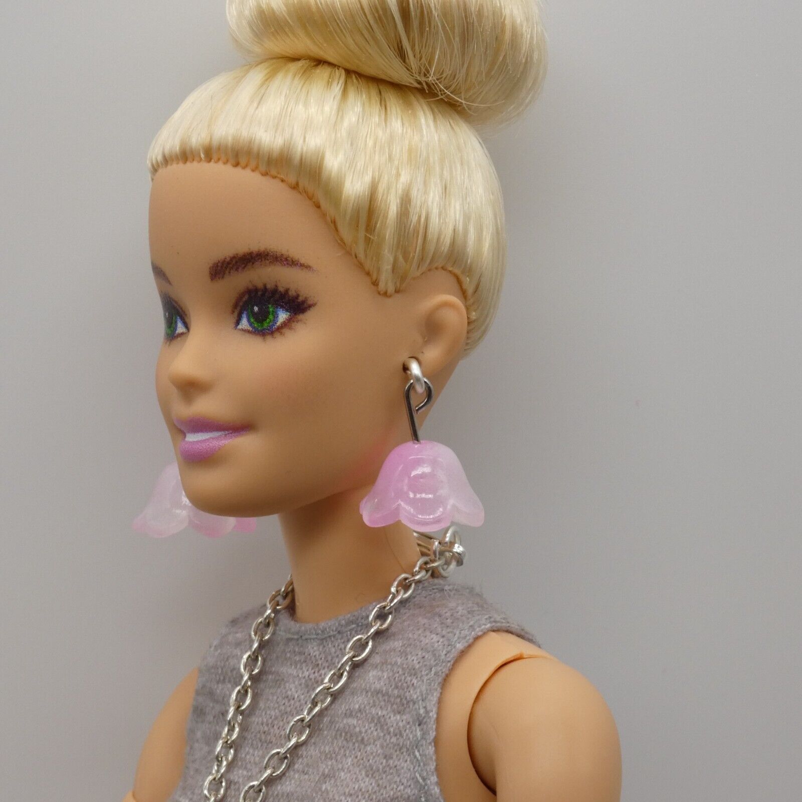 Barbie Doll Size Pink Tulip Earrings And Necklace Pendant Silver Chain Handmade