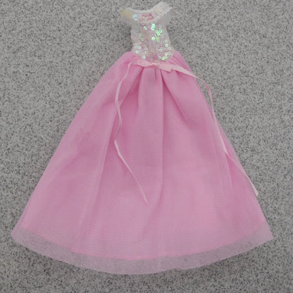 Barbie Doll Size Dress Pink Gown Cold Shoulder Sequins Silver Bodice Tulle B2