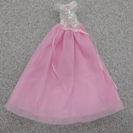 Barbie Doll Size Dress Pink Gown Cold Shoulder Sequins Silver Bodice Tulle B2