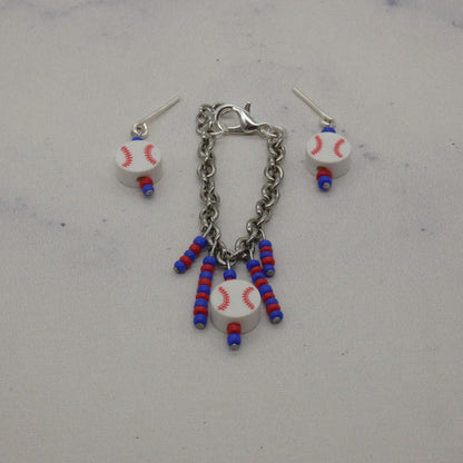 Barbie Doll Size Baseball Earrings And Necklace Blue Red Beads Texas Rangers