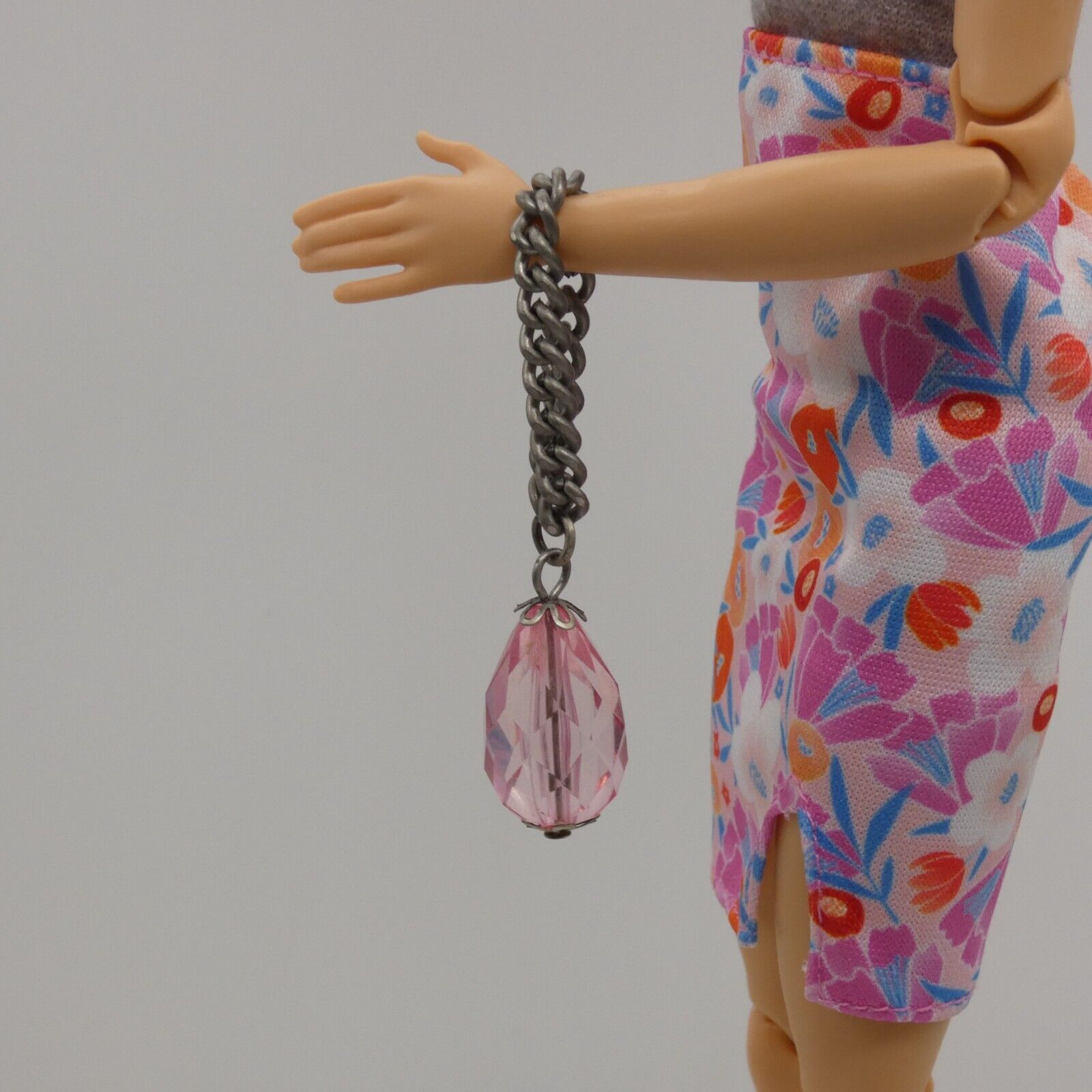 Barbie Doll Size Pink Teardrop Gem Purse Chain Handle Handbag Handmade OOAK