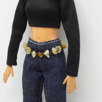 Barbie Doll Size Belt Glass Amber Yellow White Beads Bronze Chain Adjustable