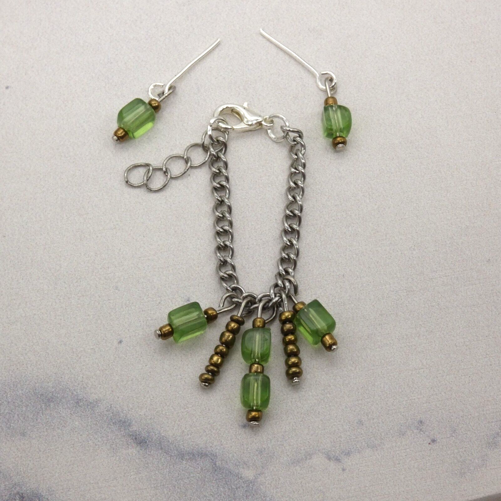 Barbie Doll Size Necklace And Earrings Green Copper Dangle Beads Silver Chain