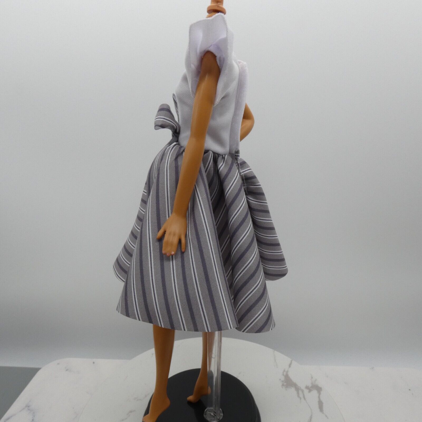 Barbie Doll Size Dress White Top Black Gray Striped Skirt Fits Model Muse MTM