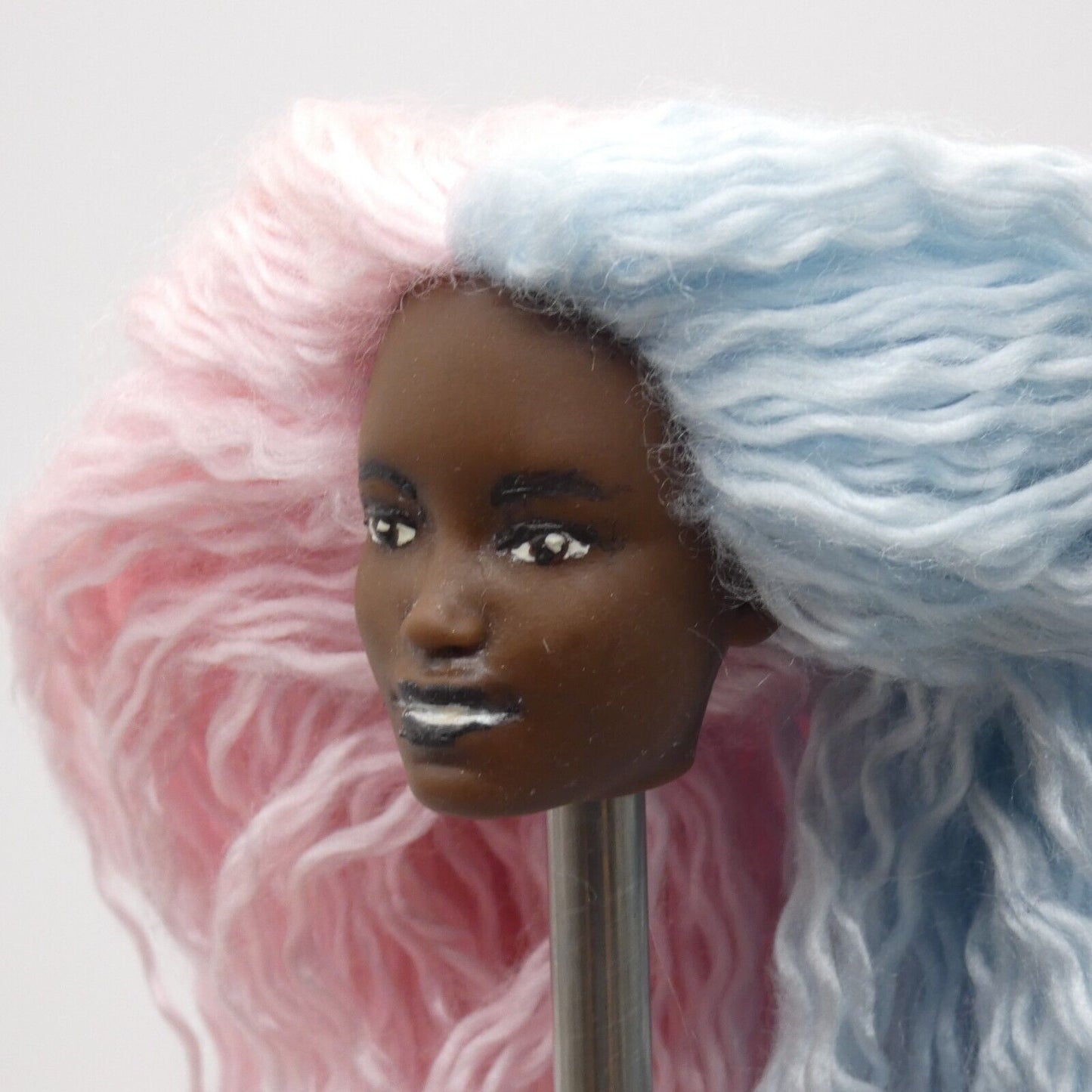 Barbie Custom Doll Head AA Kim Face Rerooted Pink Blue Yarn Hair Dark Skin OOAK