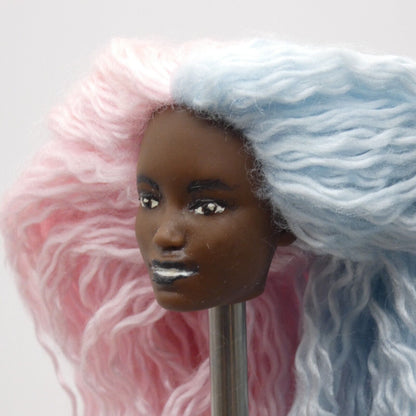 Barbie Custom Doll Head AA Kim Face Rerooted Pink Blue Yarn Hair Dark Skin OOAK