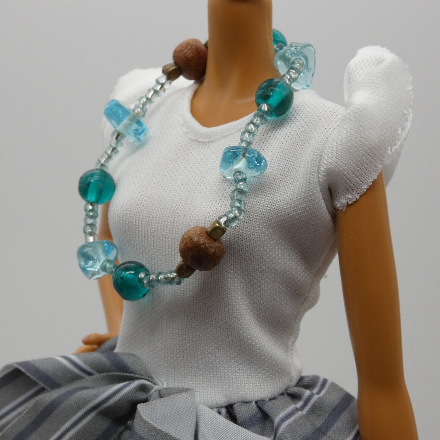 Barbie Doll Size Blue Teal Turquoise Long Beaded Necklace Wood Beads Fashion