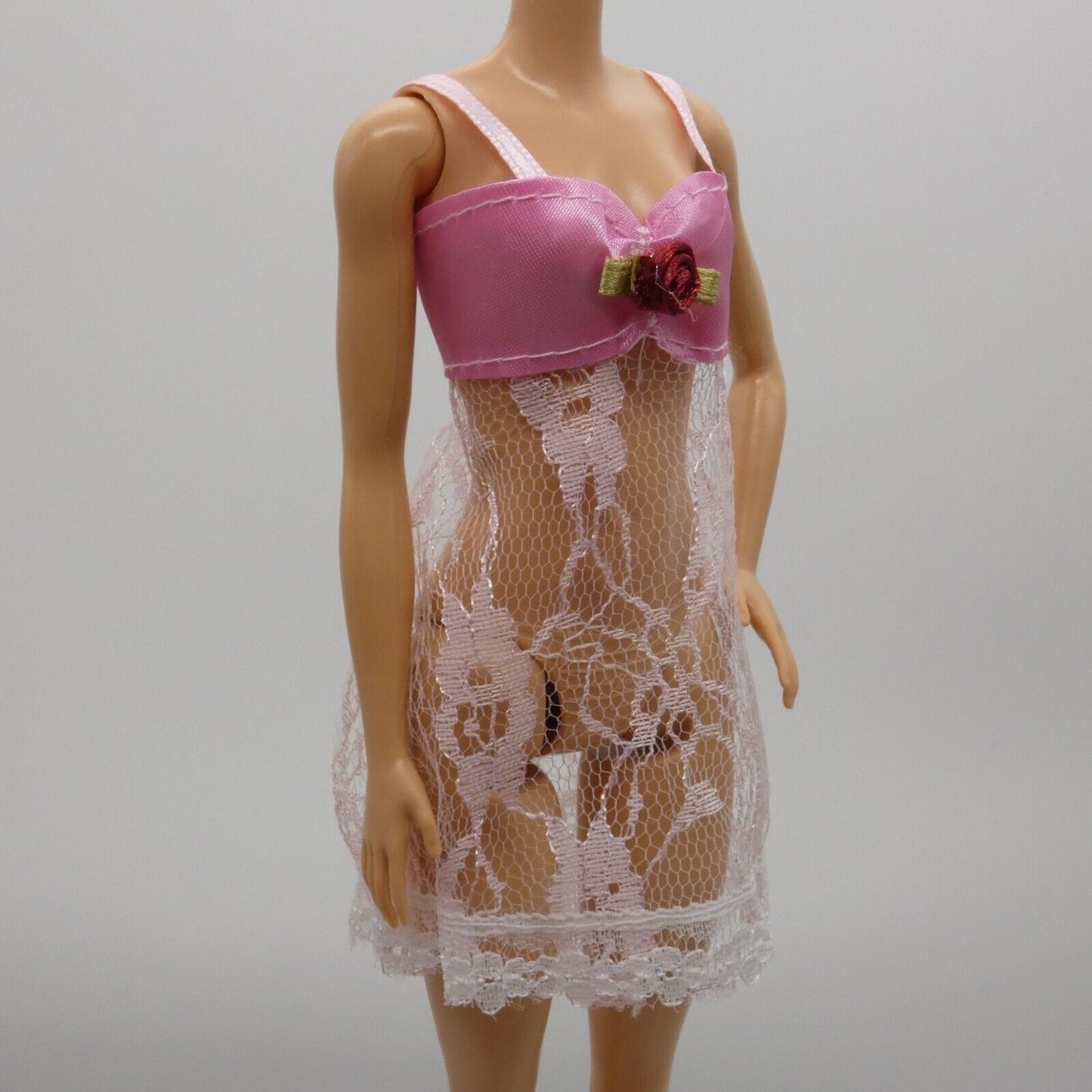 Barbie Doll Size Pink Lace Nightgown Nighty Red Rose