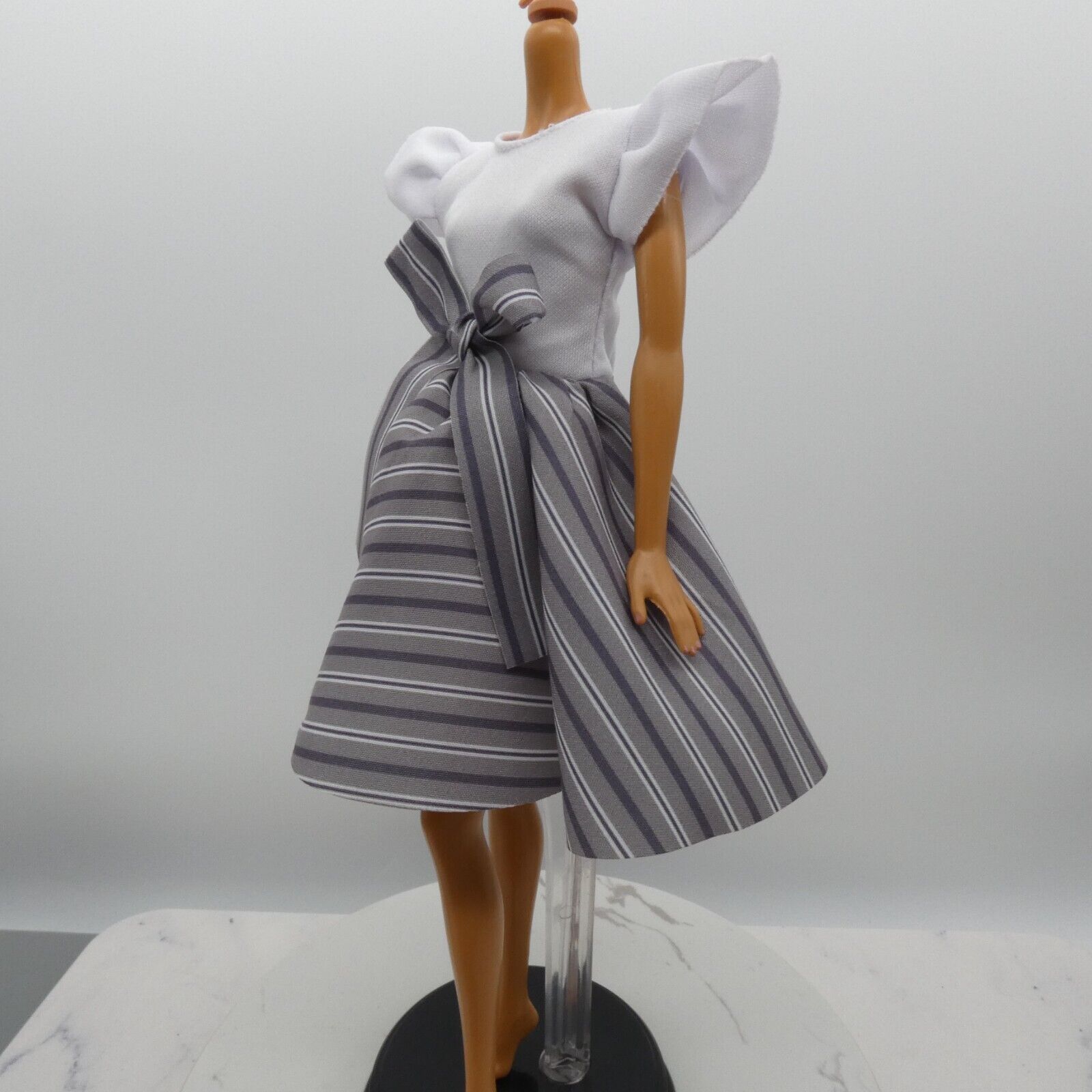 Barbie Doll Size Dress White Top Black Gray Striped Skirt Fits Model Muse MTM