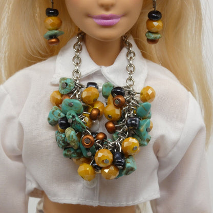 Barbie Doll Size Necklace Earrings Turquoise Yellow Dangle Beads Silver Chain