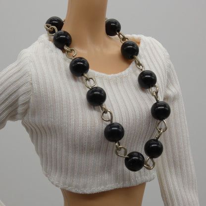 Barbie Doll Size Necklace Beaded Black Silver Chain  fits 11.5 Inch Handmade