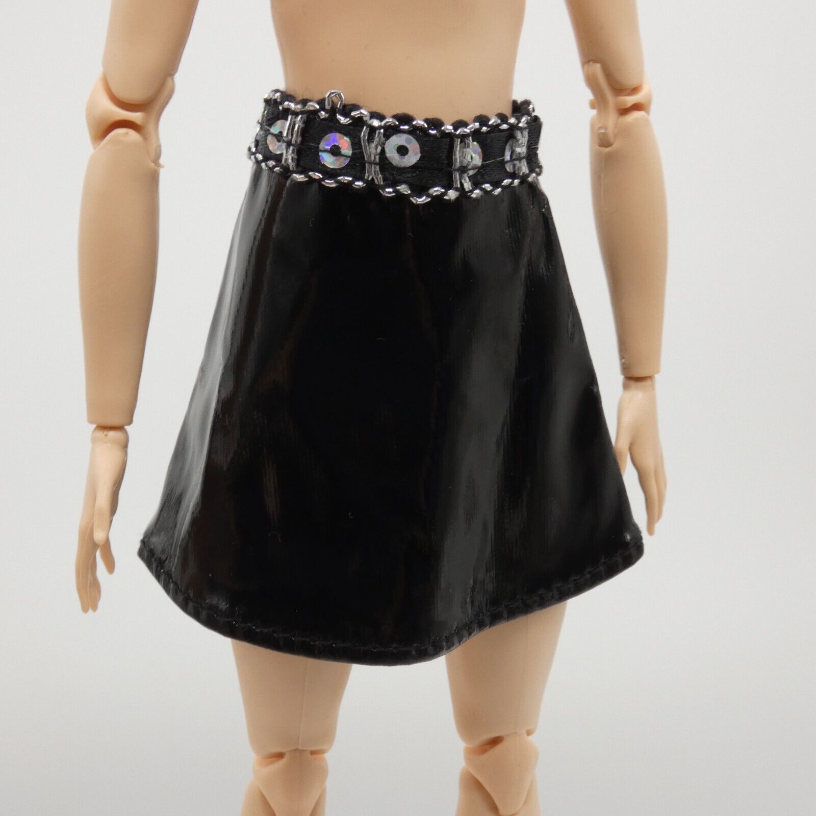 Barbie Doll Size Black Skirt Faux Leather Silver Sequins A Line Mid Thigh