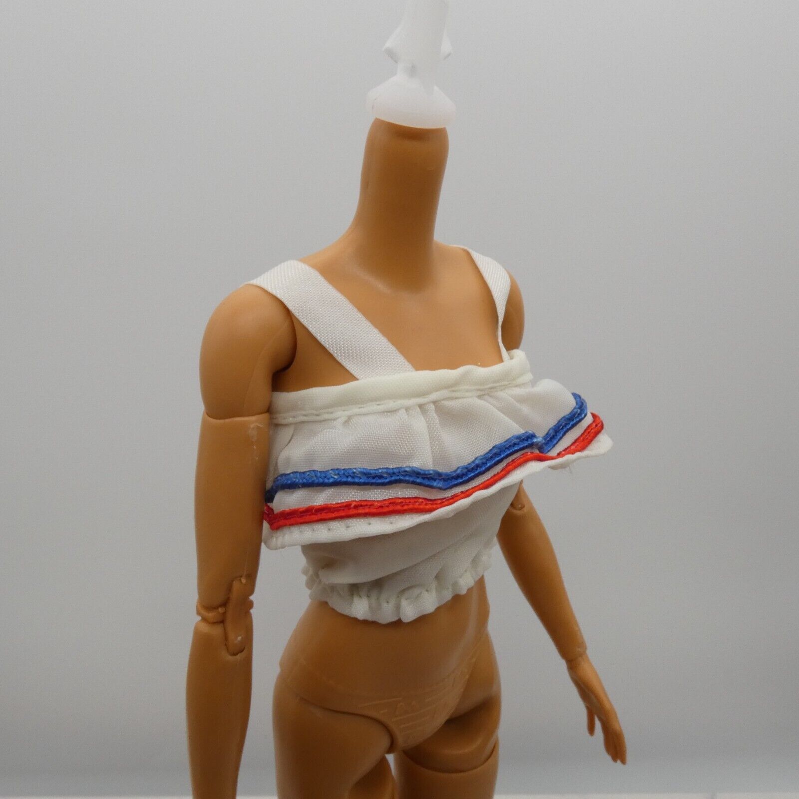 Barbie Doll Size Top White Red Blue Accents Sleeveless Tank Wide Strap Ruffles