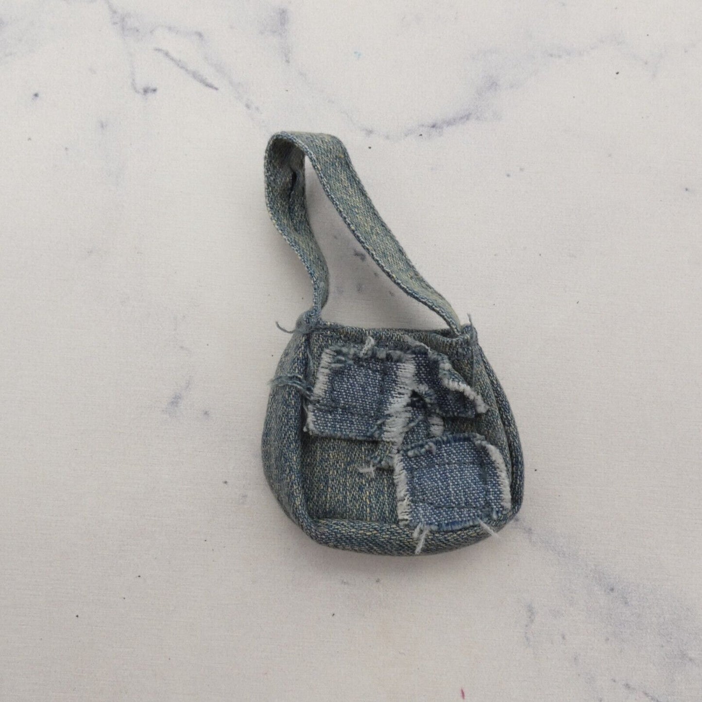 Barbie Doll Size Purse Blue Jean Denim Like Distressed Wide Strap Handbag