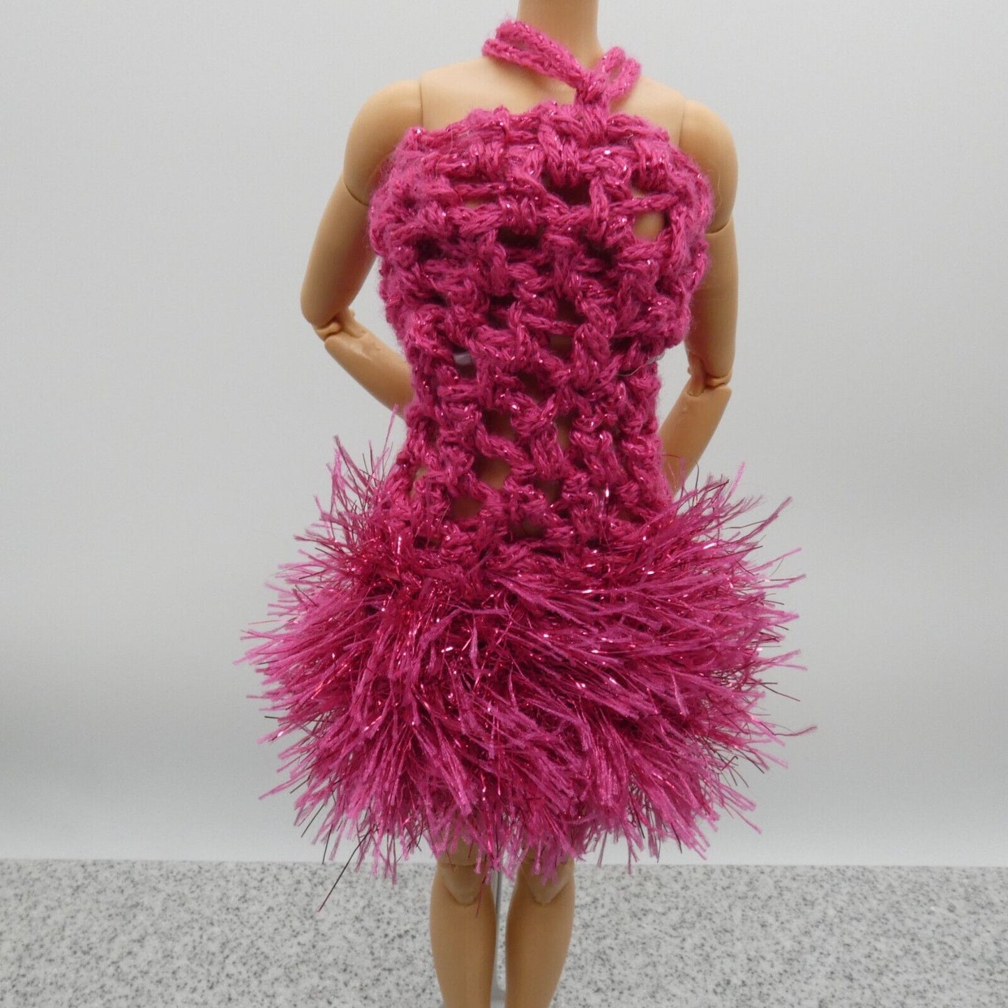 Barbie Doll Size Dress Pink Knit Yarn Fringe Sleeveless Halter Cocktail Homemade