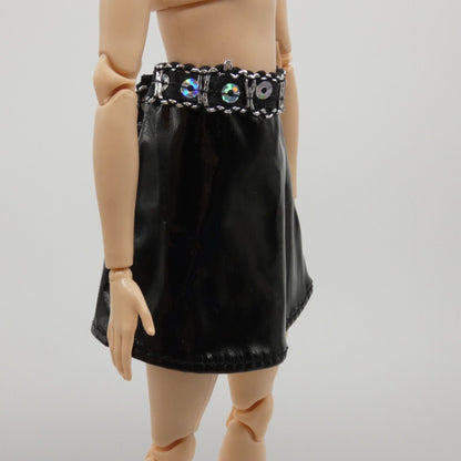 Barbie Doll Size Black Skirt Faux Leather Silver Sequins A Line Mid Thigh