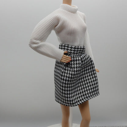 Barbie Doll Size Black White Houndstooth Dress Long Sleeve Fits Model Muse MTM