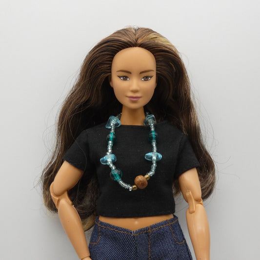 Barbie Doll Size Blue Teal Turquoise Long Beaded Necklace Wood Beads Fashion