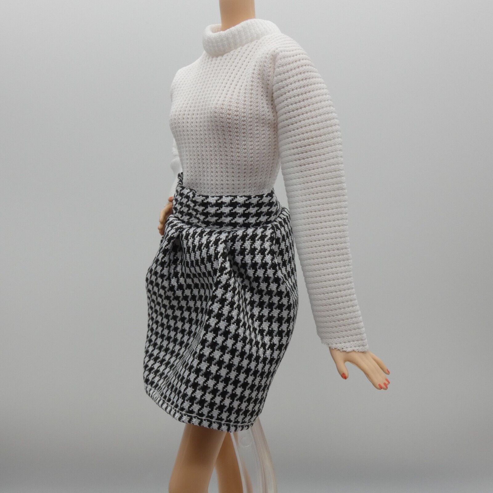 Barbie Doll Size Black White Houndstooth Dress Long Sleeve Fits Model Muse MTM