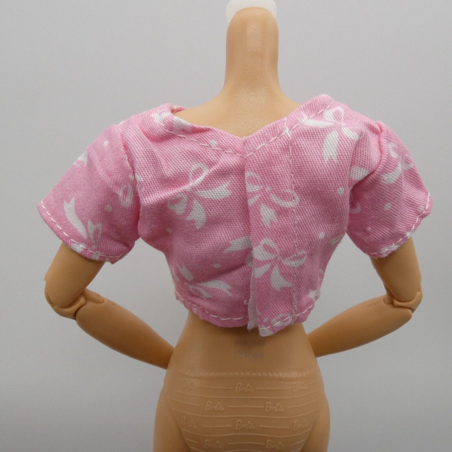 Barbie Size Doll Shirt Crop Top Pink Bow Blouse Short Sleeve Midriff Clone