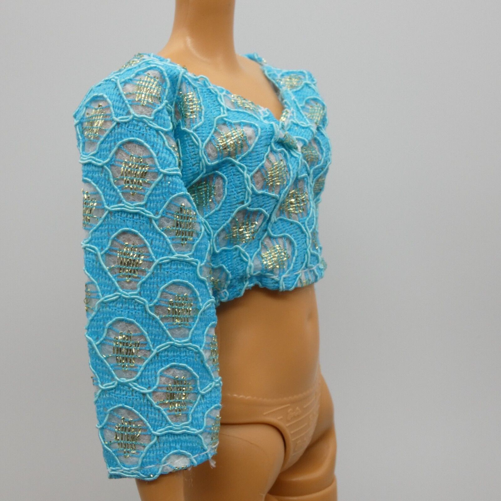 Barbie Doll Size Shirt Crop Top Teal Turquoise Blue V Neck 3/4 Sleeve Midriff