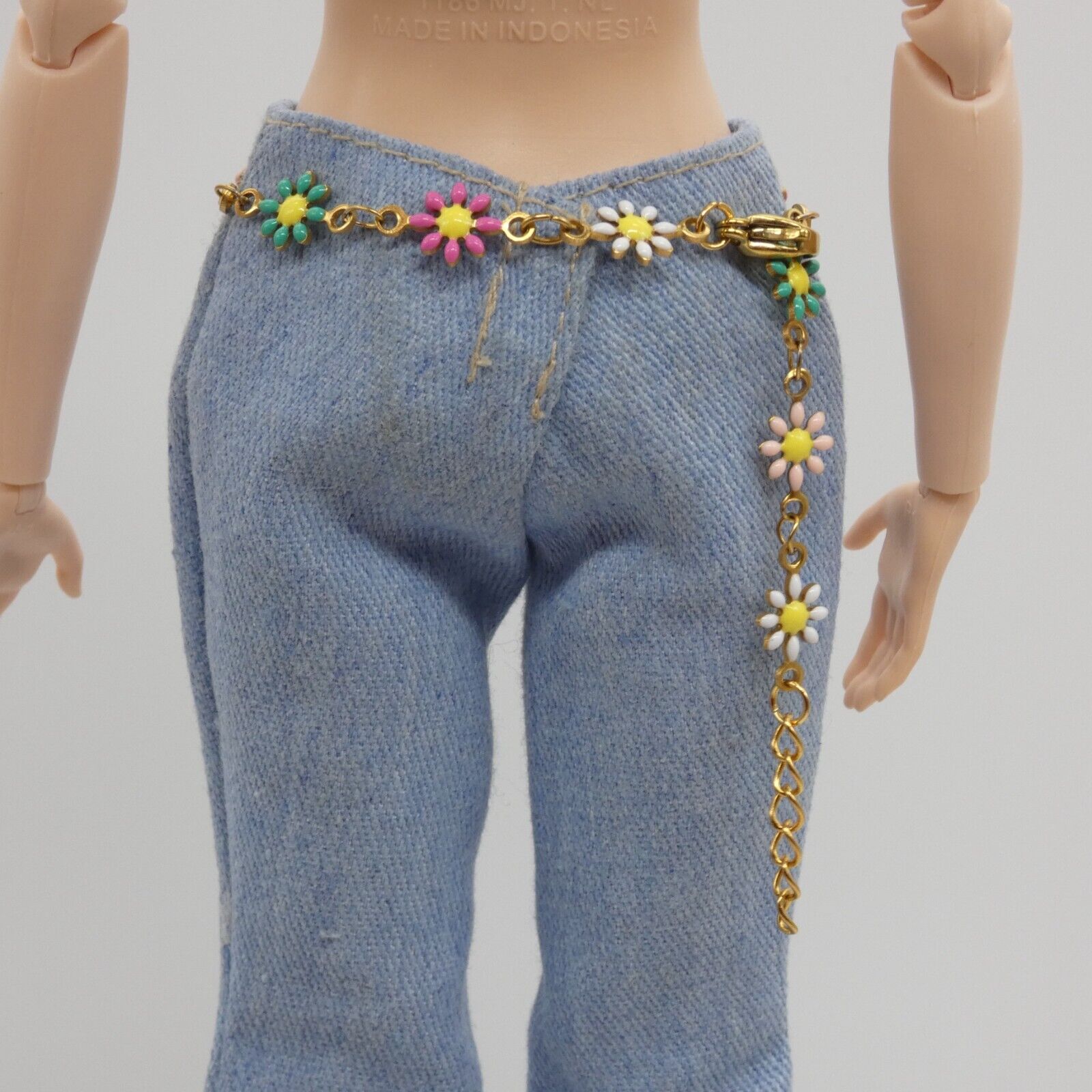 Barbie Doll Size Belt Multicolor Daisies Flowers Gold Chain Adjustable Handmade