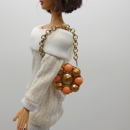 Barbie Doll Size Daisy Purse Peach Antique Gold Faceted Shoulder Bag Handmade