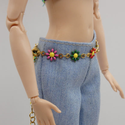 Barbie Doll Size Belt Multicolor Daisies Flowers Gold Chain Adjustable Handmade