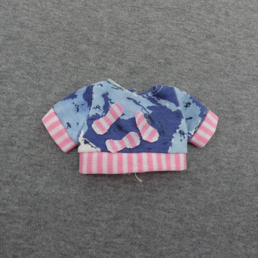 Barbie Doll Size Shirt Top Blue Camo Print Pink White Striped Trim Short Sleeve