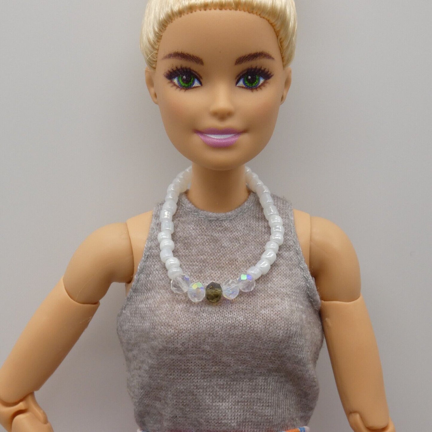 Barbie Doll Size White Aurora Borealis Beaded Necklace Choker Stretch Classy