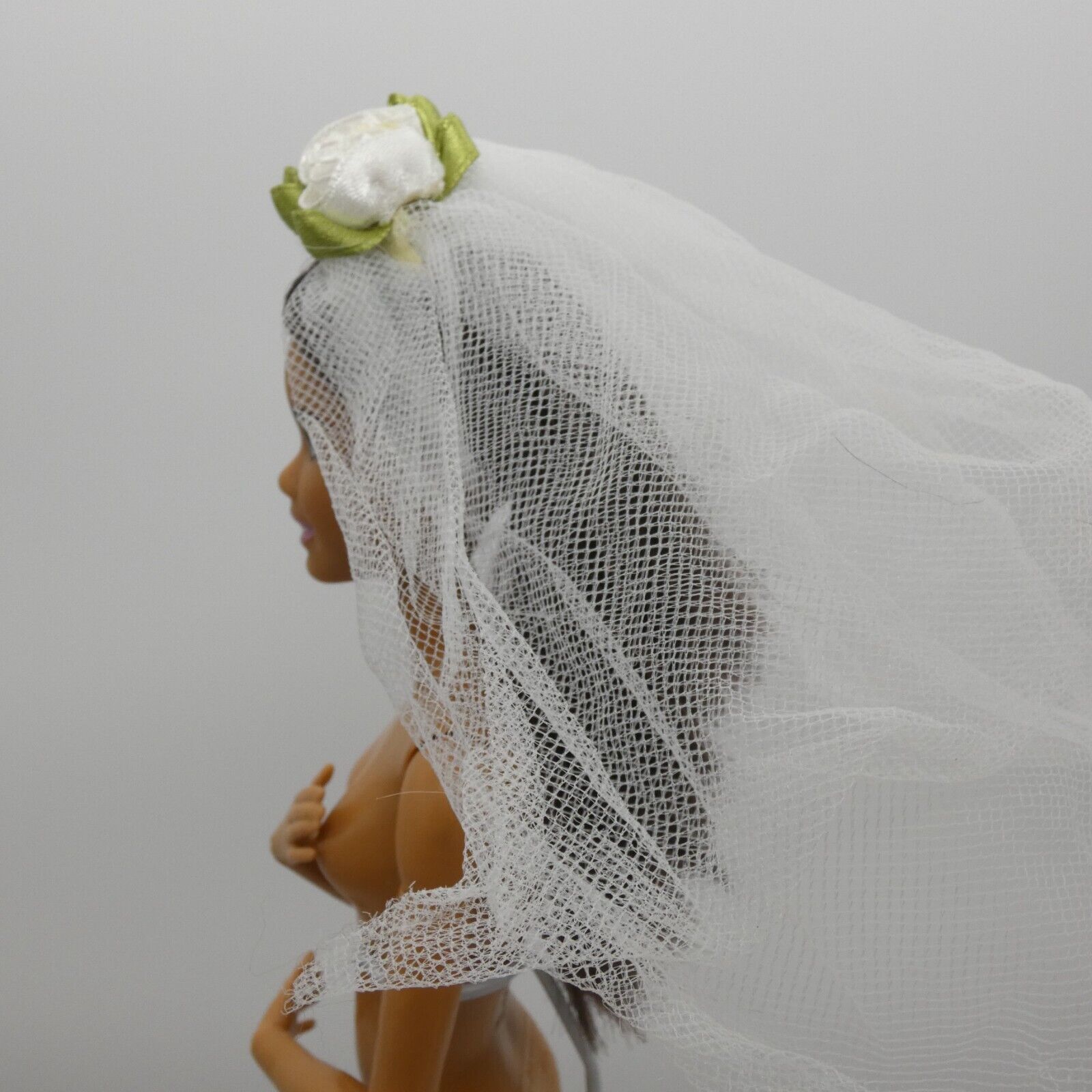 Barbie Doll Size Bridal Veil Double Layered Tulle White Rose Flowers Headpiece