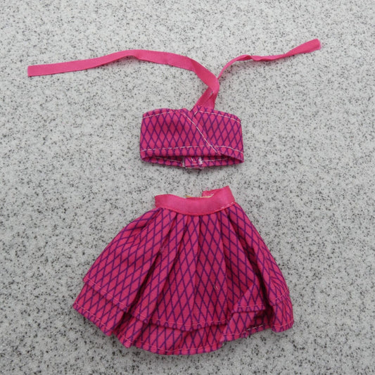 Barbie Doll Size Two Piece Bikini Swimsuit Pink Magenta Halter Top Skirt B Clone