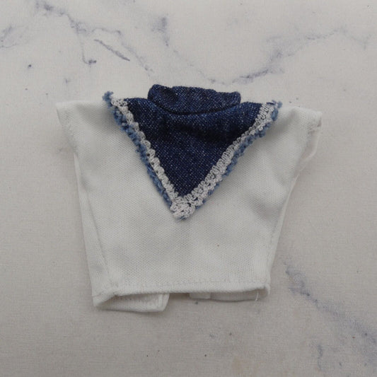 Barbie Doll Size Top White Short Sleeve Blue Denim Like Collar Accent 80s 90s